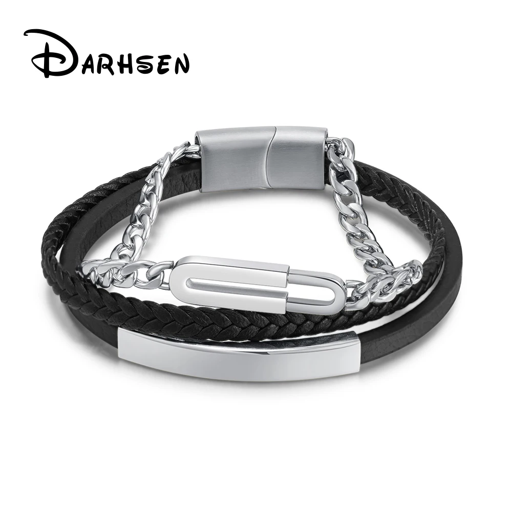 

DARHSEN Hyperbole Men Black Leather Wrap Bracelets Bangle Hand Wristlet Fashion Jewelry Stainless Steel Clasp Magnet Buckle