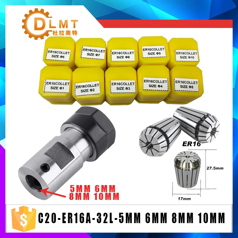 ER16Spring Collet 10PCS C20 ER16 Collet Chuck Motor Shaft Extension Rod Spindle Lathe Tools Holder Inner 5MM 6MM 8MM 10MM