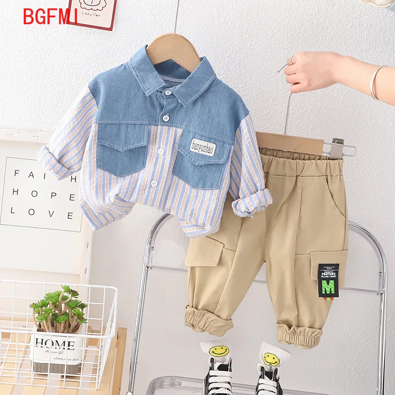 

Korean Spring Baby Autumn Clothes Children's Clothing Striped Patchwork Denim Shirts Cargo Pants Two-piece Set Kids Clothes Boys