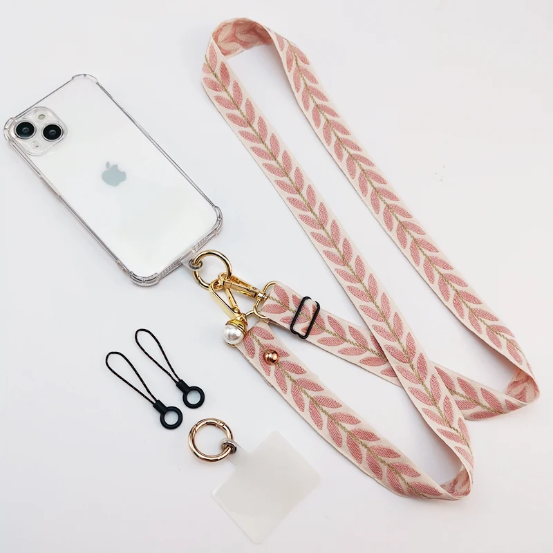 Adjustable Hanging Neck Wide Cloth Strap Phone Antilost Lanyard Long Crossbody Shoulder Strap Pearl Pendant Mobile Phone Lanyard