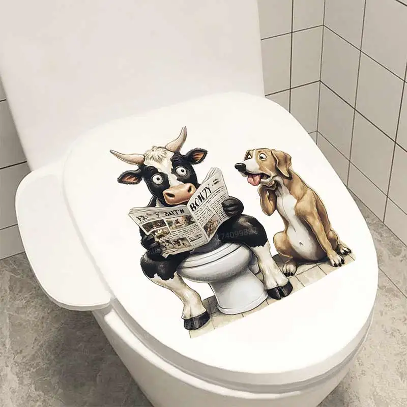 Creative Puppy Cow Reading Newspaper Toilet Sticker Bathroom Toilet Cover Sticker Animal Home BathRoom Decoration Decals S531