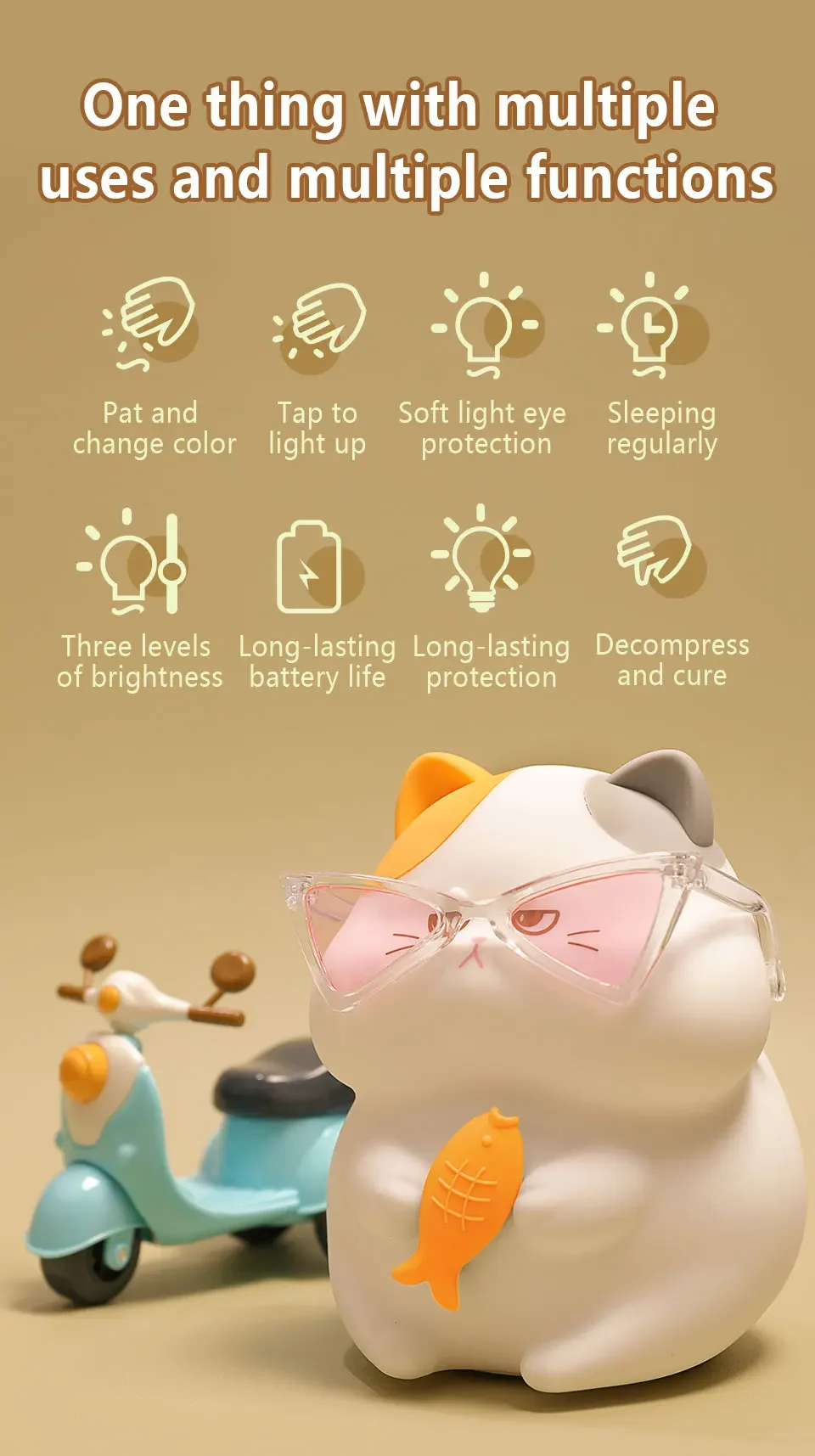 Description Picture 4 of itemCute Cat Night Lights USB Rechargeable Silicone Gluttonous Cat Touch Patting Lamp Timing Dimmable Bedroom Desktop Decor Light