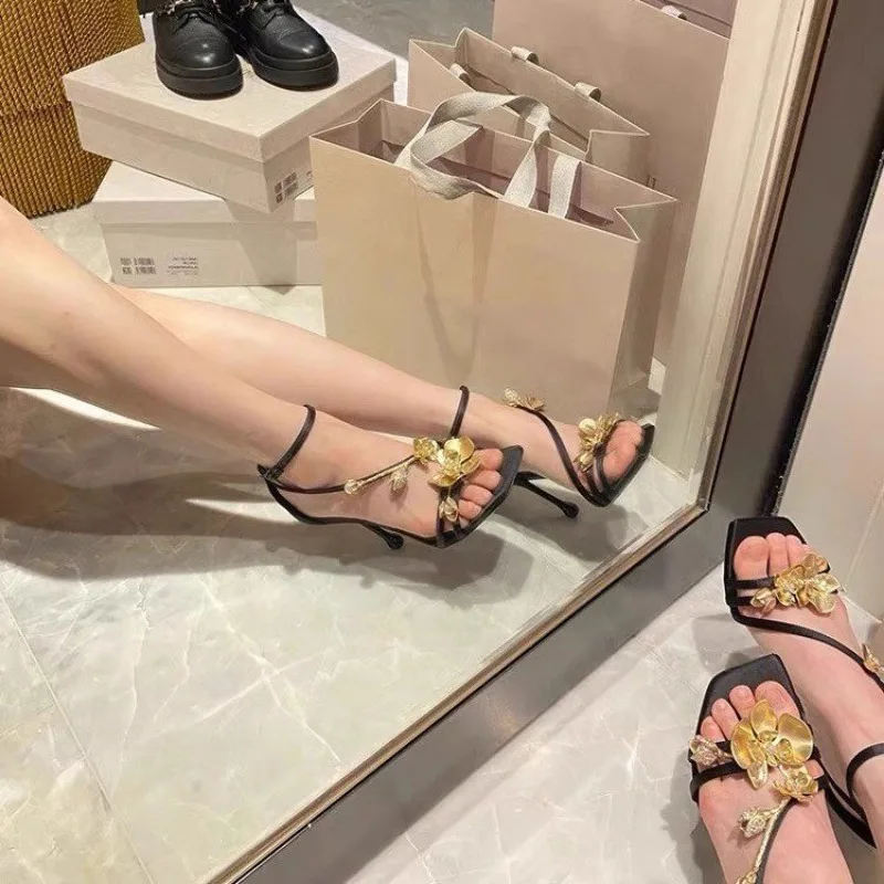 Golden Flowers Elegant Woman Heels for Womens High-heeled Sandals Women's Shoes Elegant Heel Luxury Sandal Women's