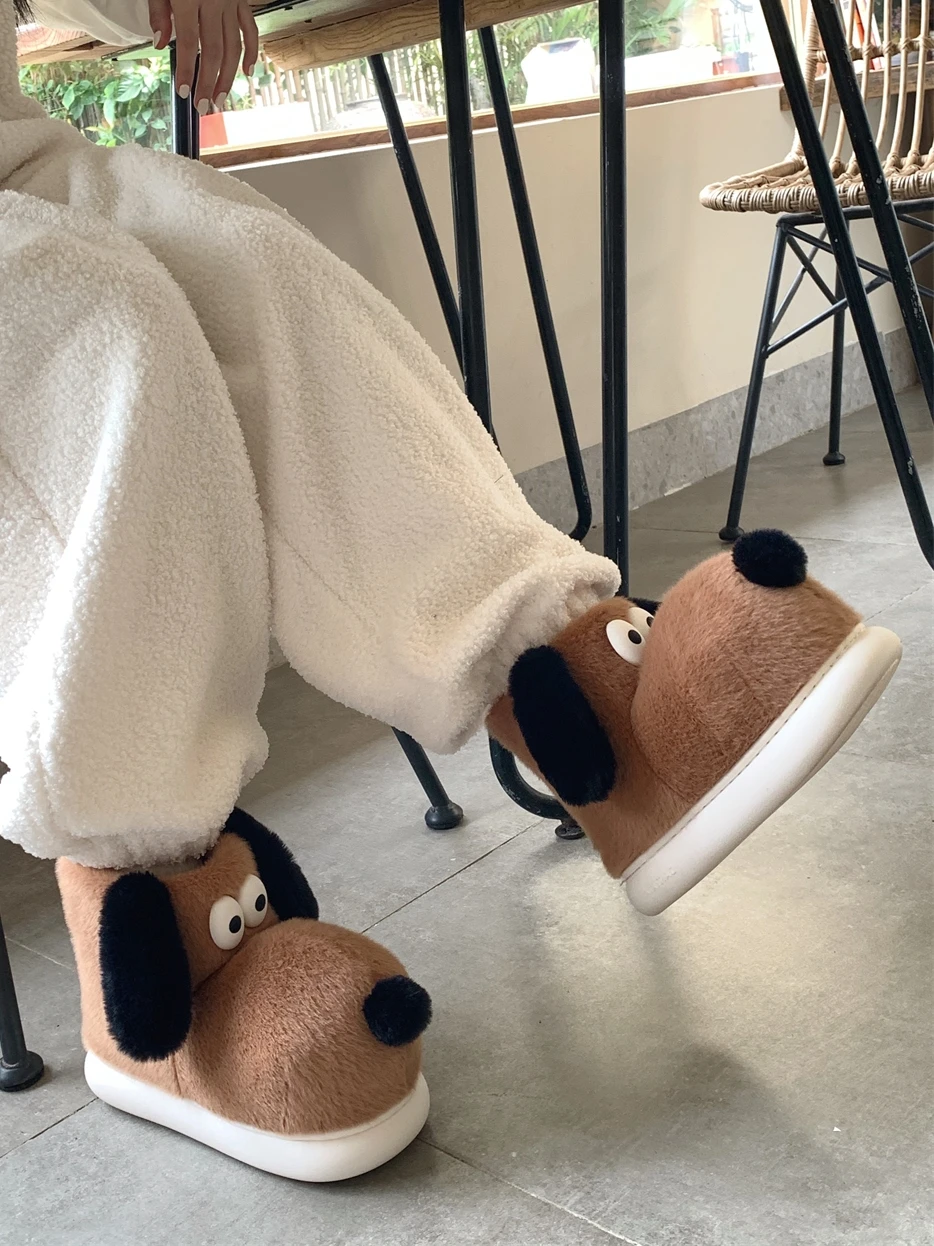 Winter Thick Warm Cute Dog Snow Boots For Men And Women Parent-child Home Slippers Couple Plush Cotton Household Boots Shoes