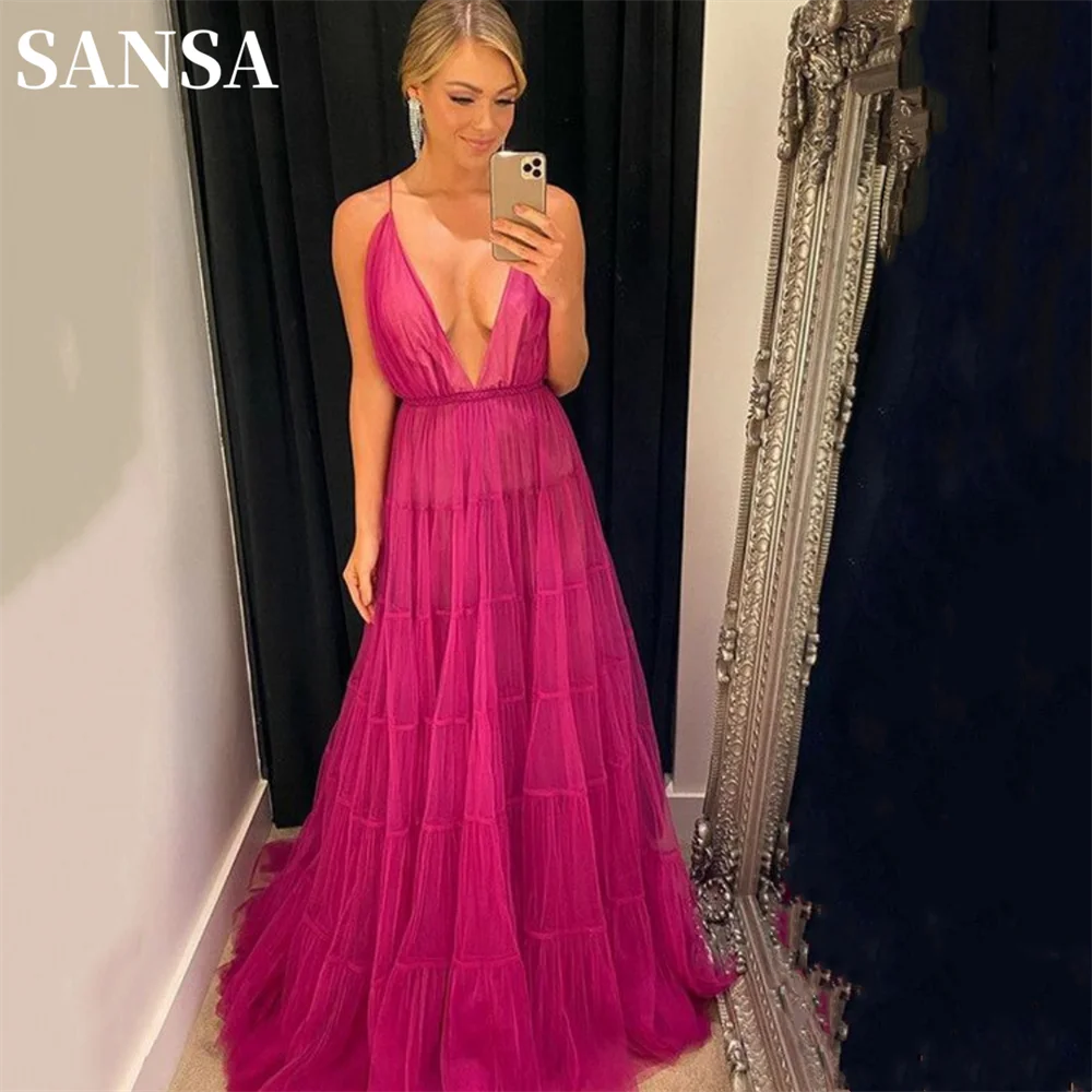 

Sansa Sexy Deep V-neck A-line فساتين السهرة Glaring Fuchsia Open Back Vestidos De Noche Grace Multilayer Floor Lenght Prom Dress