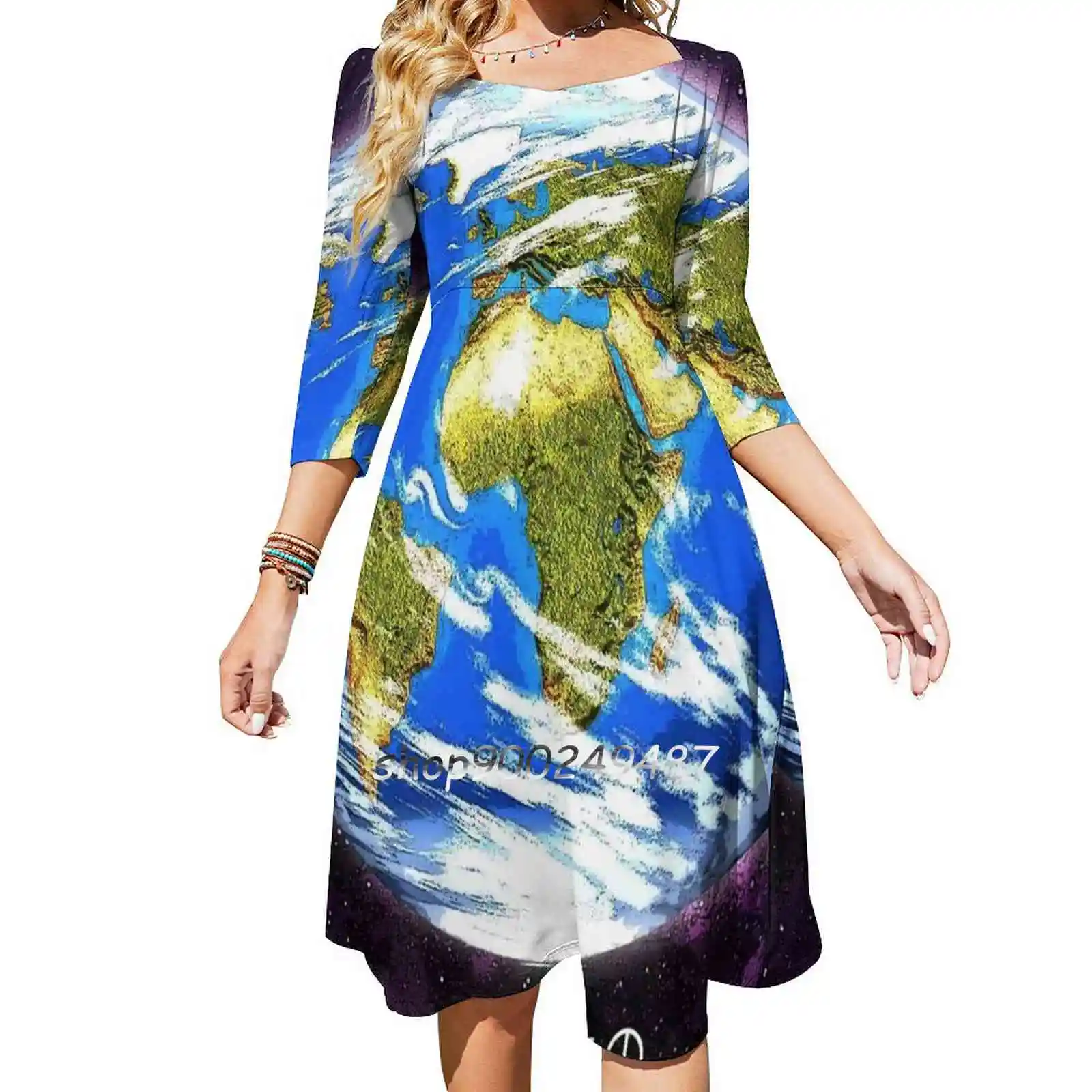 

Planet Earth In Space Sweetheart Knot Flared Dress Fashion Design Large Size Loose Dress Planet Earth Space Solar System