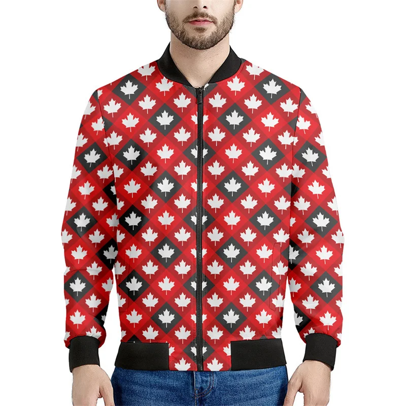 thumbnail image 1 of Chaqueta bomber con estampado de hojas de arce de Canadá para hombre, sudadera de manga larga en 3D, chaqueta bomber con cremallera de gran tamaño y estilo urbano, 1 of 5