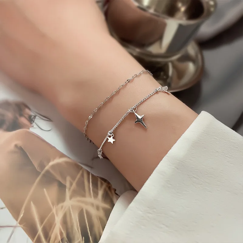 Giappone E Corea Del Sud 925 Sterling Silver Cross Double Layer Star Bracciale Sparkling Sky Star Bracciale Gioielli Semplici