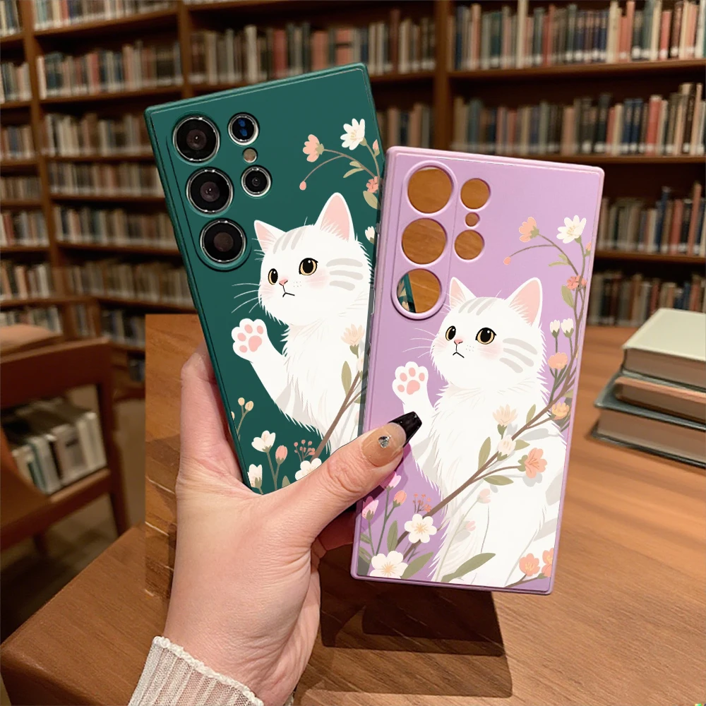 Floral White Cat Soft TPU Phone Case - Enhanced Protection Cover