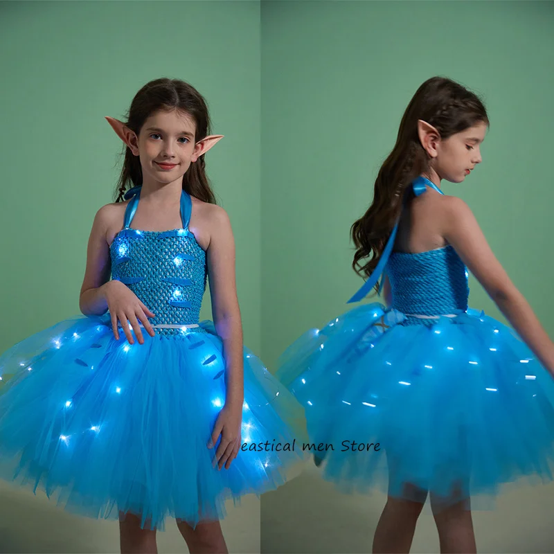 

Костюмы для косплея для маленьких девочек, одежда для Хэллоуина из синей сетки, детское танцевальное платье для выступлений, костюм сказочного эльфа, рождественское платье