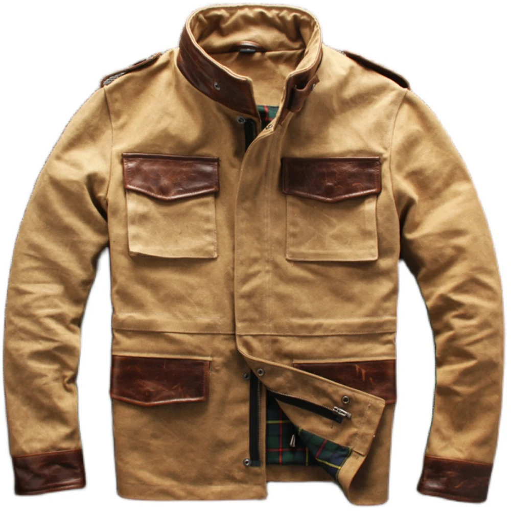 

American Designer M65 Oil Wax Mens Cowhide Coat Grid Winter Outdoor Fashion Hunting Man's Real Leather Jackets Long Windbreaker