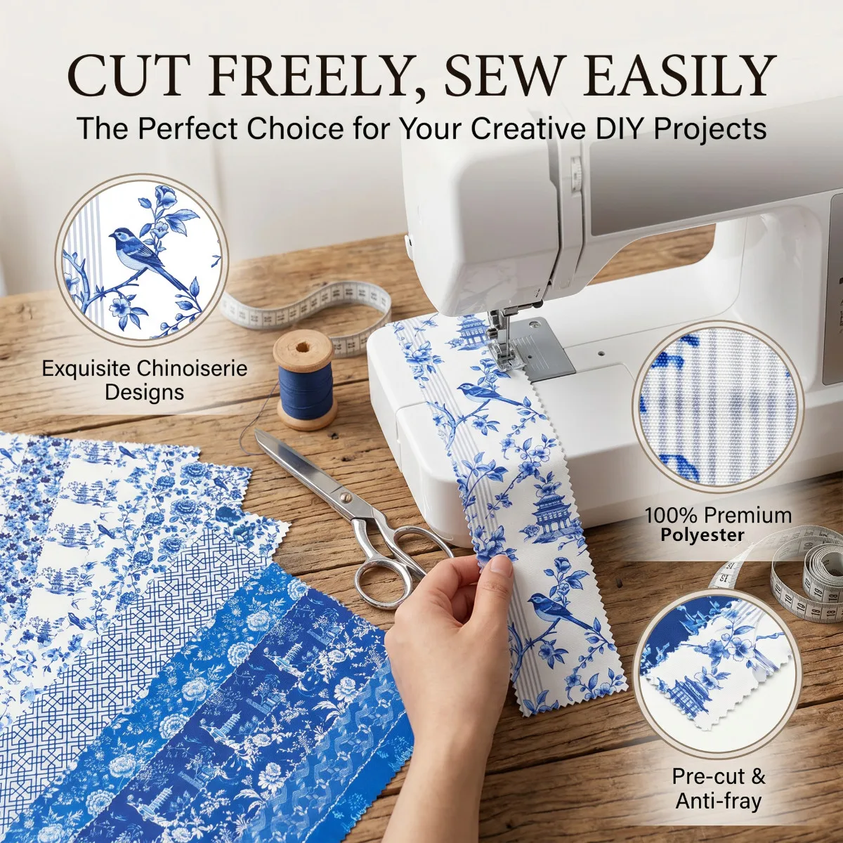 42-Piece Quilted Blue & White Porcelain Patchwork Fabric Strips for Handmade Sewing & DIY Projects