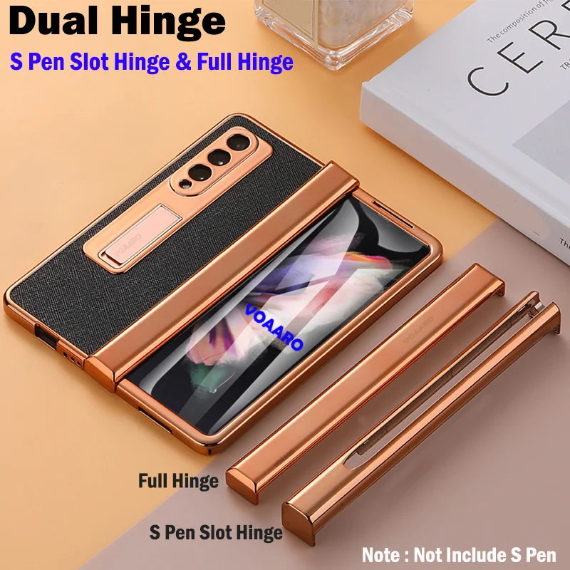 

Fold 3 Plating Dual Hinge Leather Case for Samsung Galaxy Z Fold 3 5G Hinge Case with S Pen Slot Holder Front Screen Glass Film
