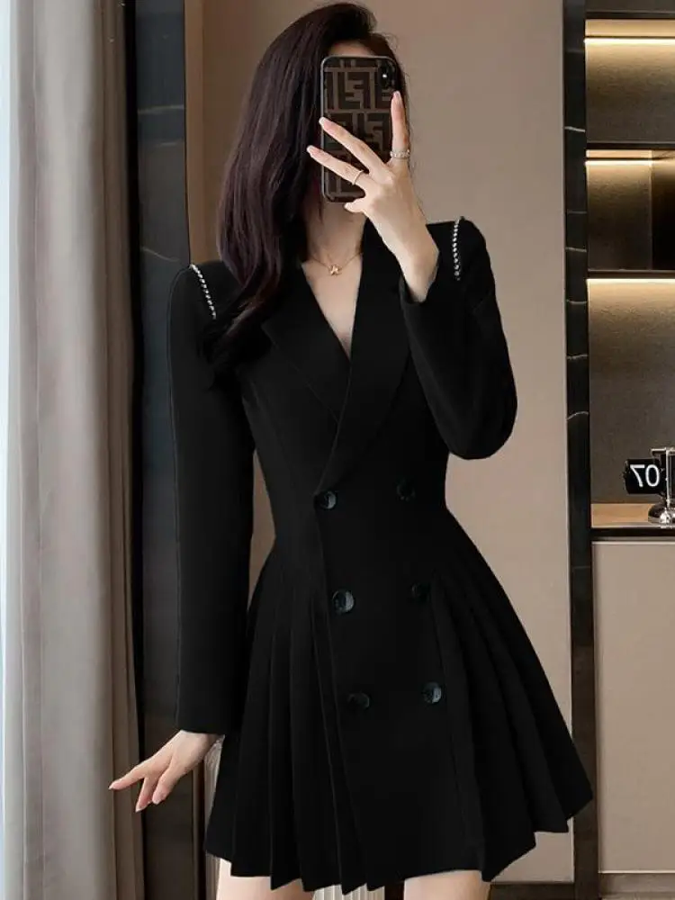 Korean Chic Black Elegant Women Suit Pleated Dress Autumn