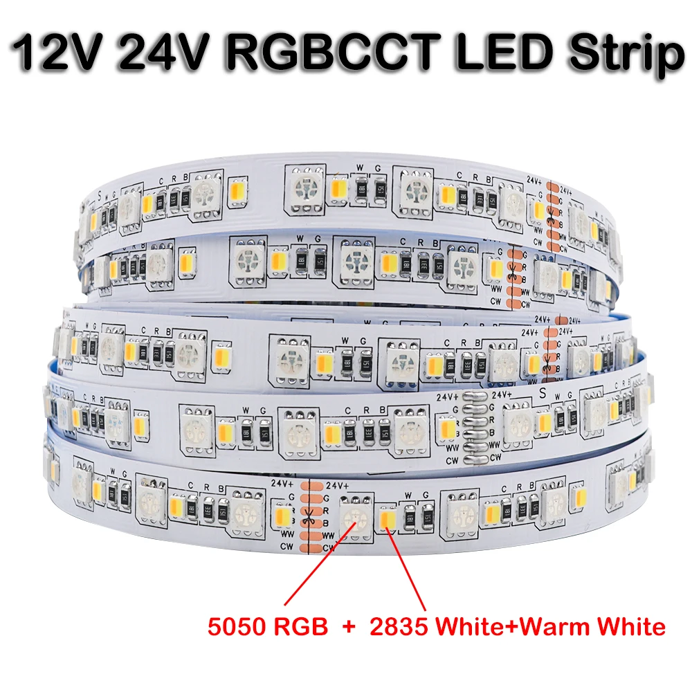 12MM PCB RGBCCT 5 IN 1 LED Strip 12V 24V 5050 RGB+2835 Warm White/ White 120LEDs/m Flexible LED Tape Light Holiday Decoration