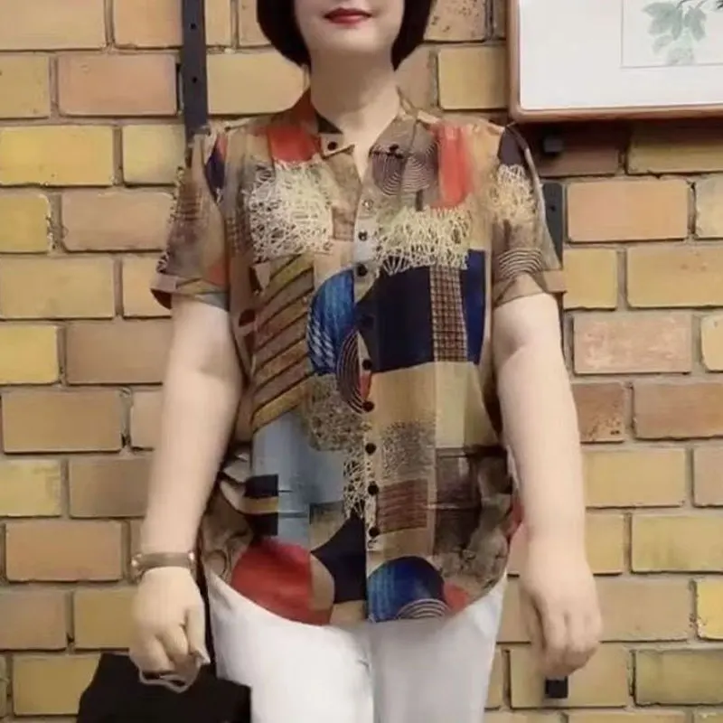 Women's Clothing Casual Turn-down Collar Shirt 2023 Summer Short Sleeve Fashion Geometric Printed Commute Single-breasted Blouse