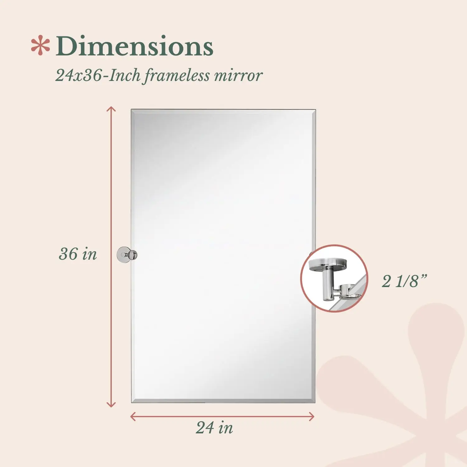 24x36" Frameless Pivot Mirror. Adjustable Rectangular. Wall-Mounted. Chrome Silver Brackets. Modern Kitchen, Living Room.