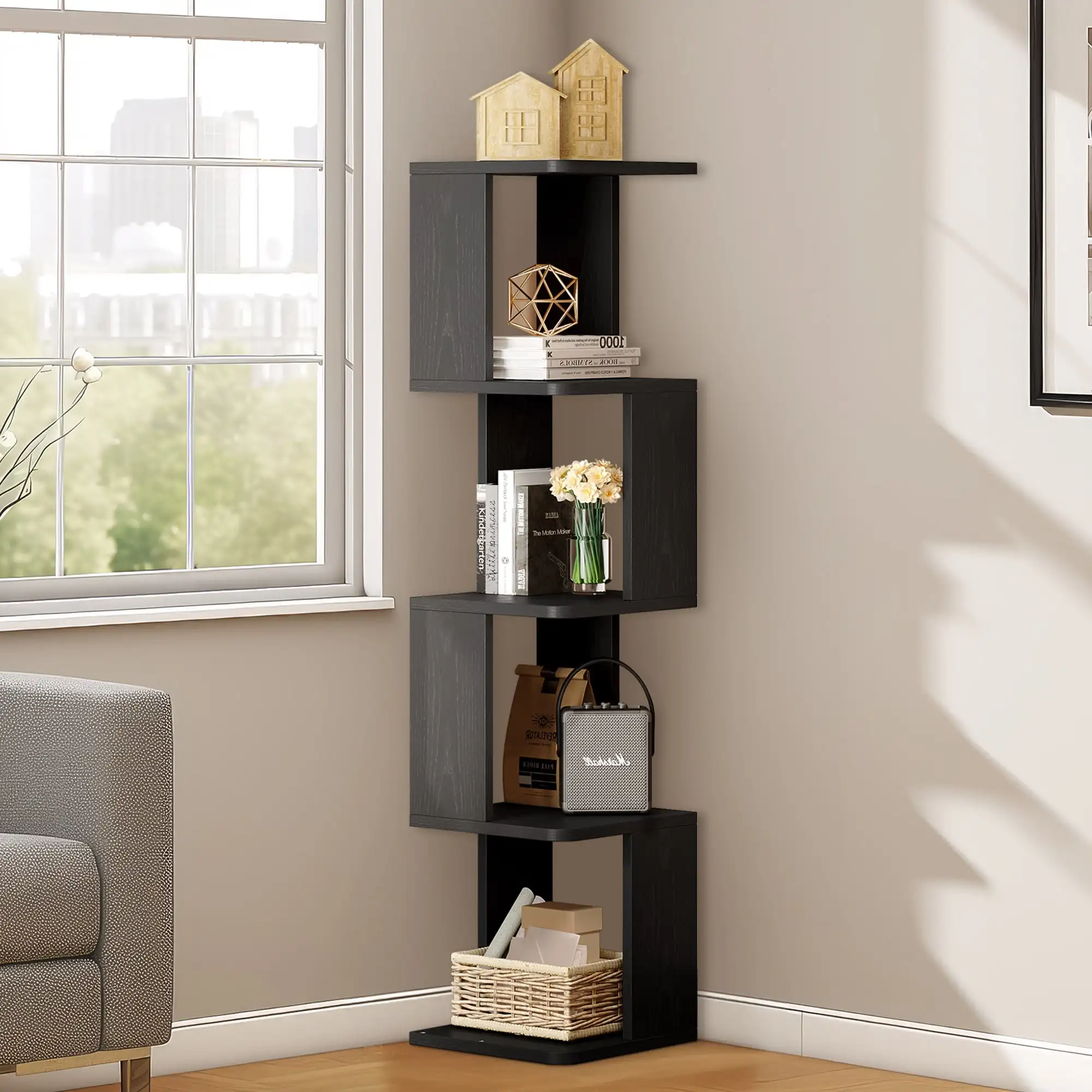 

Dextrus 5 Tier Narrow Bookshelf, Modern Tall Bookcase, Cube Open Display Geometric Book Shelves