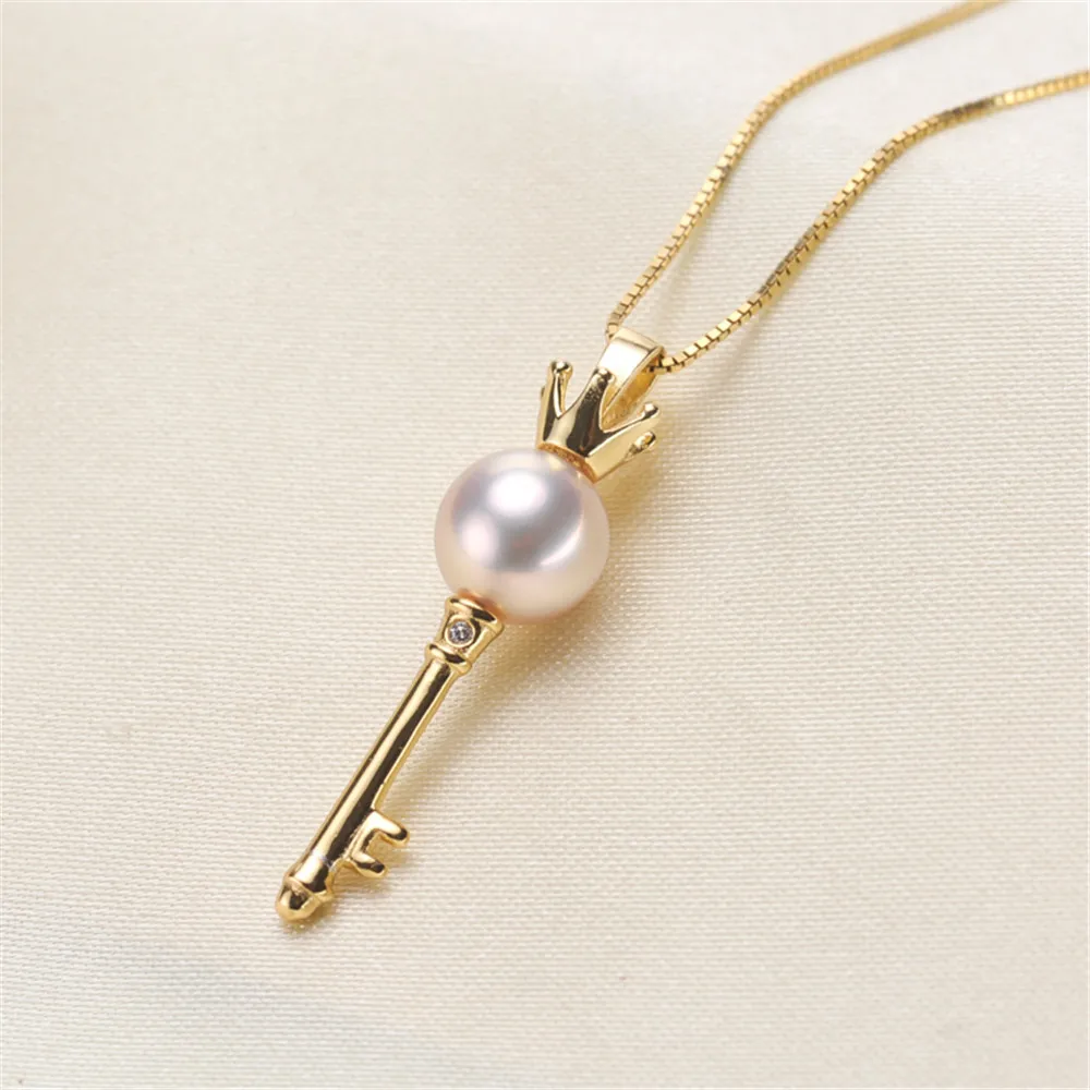 

DIY Pearl Accessories S925 Silver Pendant Empty Crown Key Necklace Pendant with 8-10mm Round Beads for Women
