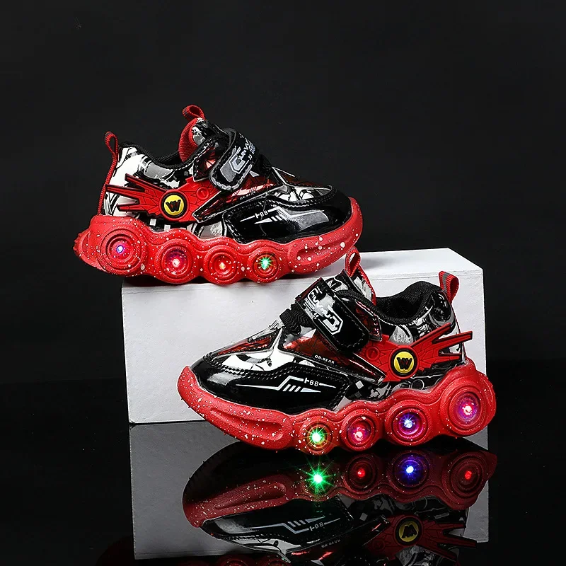 눈부신 멋진 소년 신발, LED 조명, 만화 가을 어린이 스포츠 신발, 가죽 미끄럼 방지 운동화, 운동화 어린이 신발 