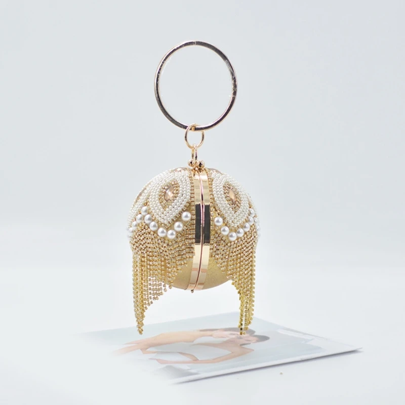 Shoulder Bags Women Evening Bag Luxurious Round Ball Shape Evening Bag Women Glittering Rhinestones Pearl Handbag Elegant Wedding Prom Party Clutch Shoulder Bag