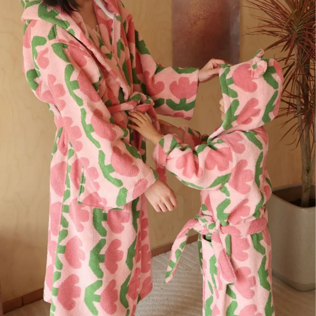 Terry Towel Long Kimono Bathrobe Thicken Long Staple Cotton Hooded Robe Print Tulips Sleepwear Women Girls Home Wear Nightdress