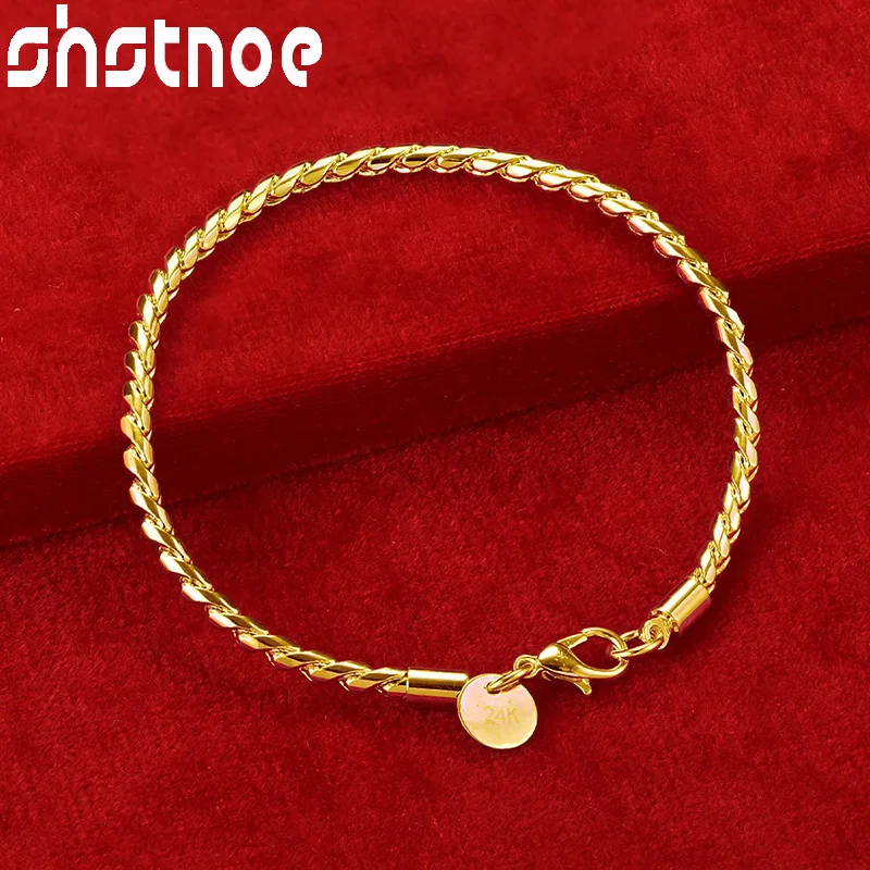 

SHSTONE 24K Gold 4mm Snake Hand Chain Bracelet For Woman Men Fashion Jewelry Engagement Bangles Wedding Party Birthday Gifts