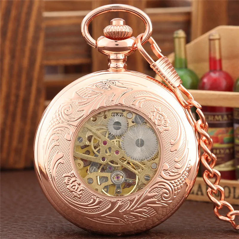 Classic Rose Gold Roman Number Cover Men Women Handwinding Mechanical Pocket Watch Skeleton Dial with Pendant Fob Chain Gift