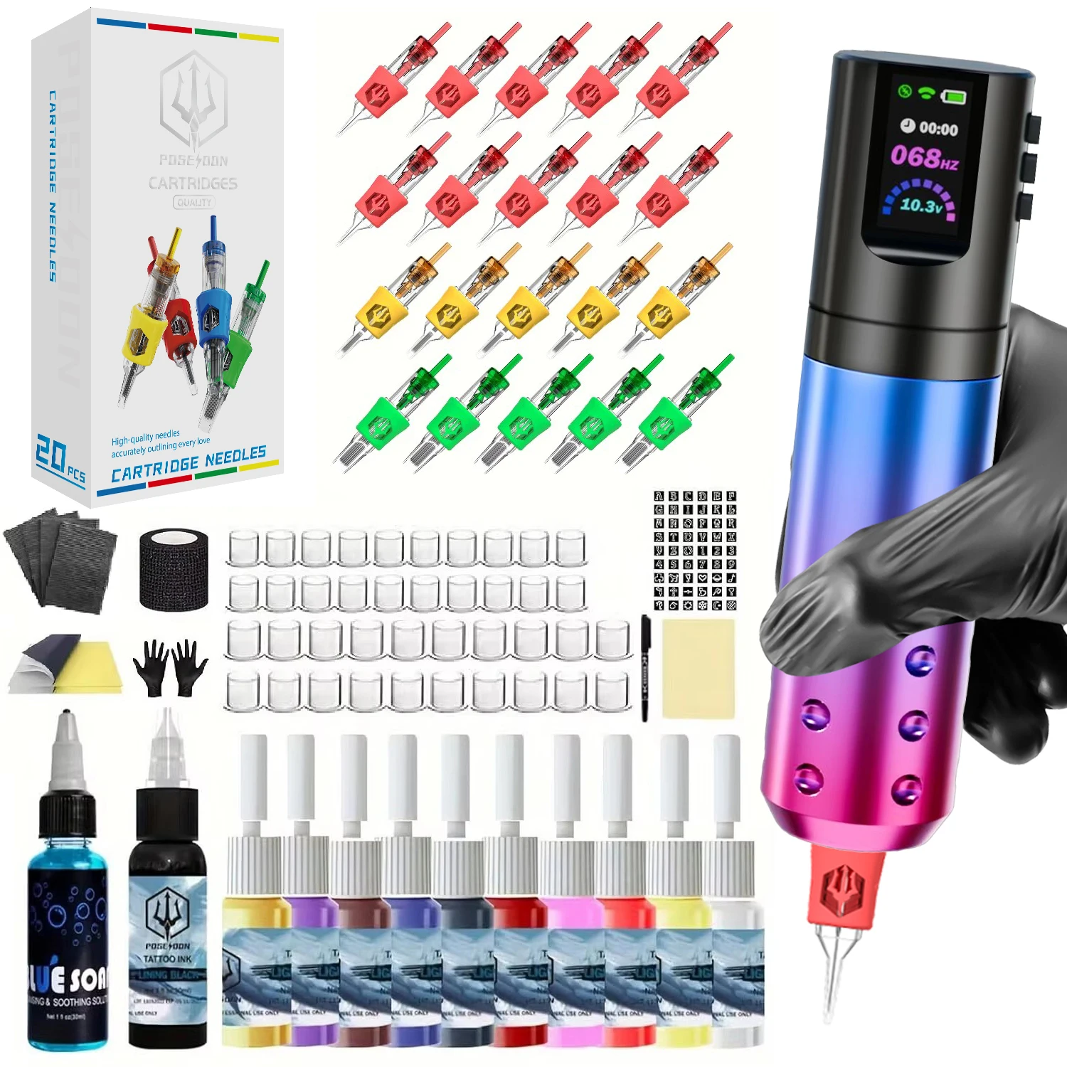Tattoo Kit POSEIDON Tattoo Pen Kit For Permanent Makeup Machine Wireless Power Supply Gun tattoo supplies tattoo kit