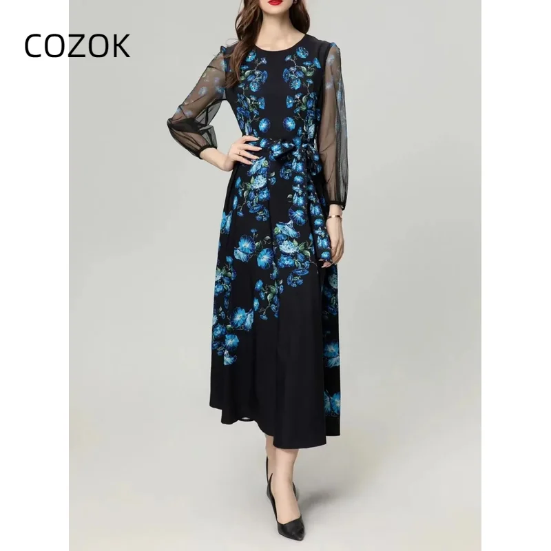 

2024 Summer New Women's Printed Waist Closing Perspective Yarn Sleeves Long Dress