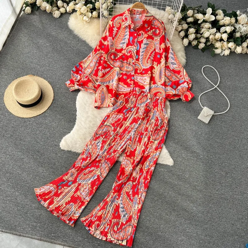 Suits Vacation Women Autumn Lapel Vintage Clothing Printed Loose Long Sleeve Lantern Sleeve High Waist Straight Casual Pants
