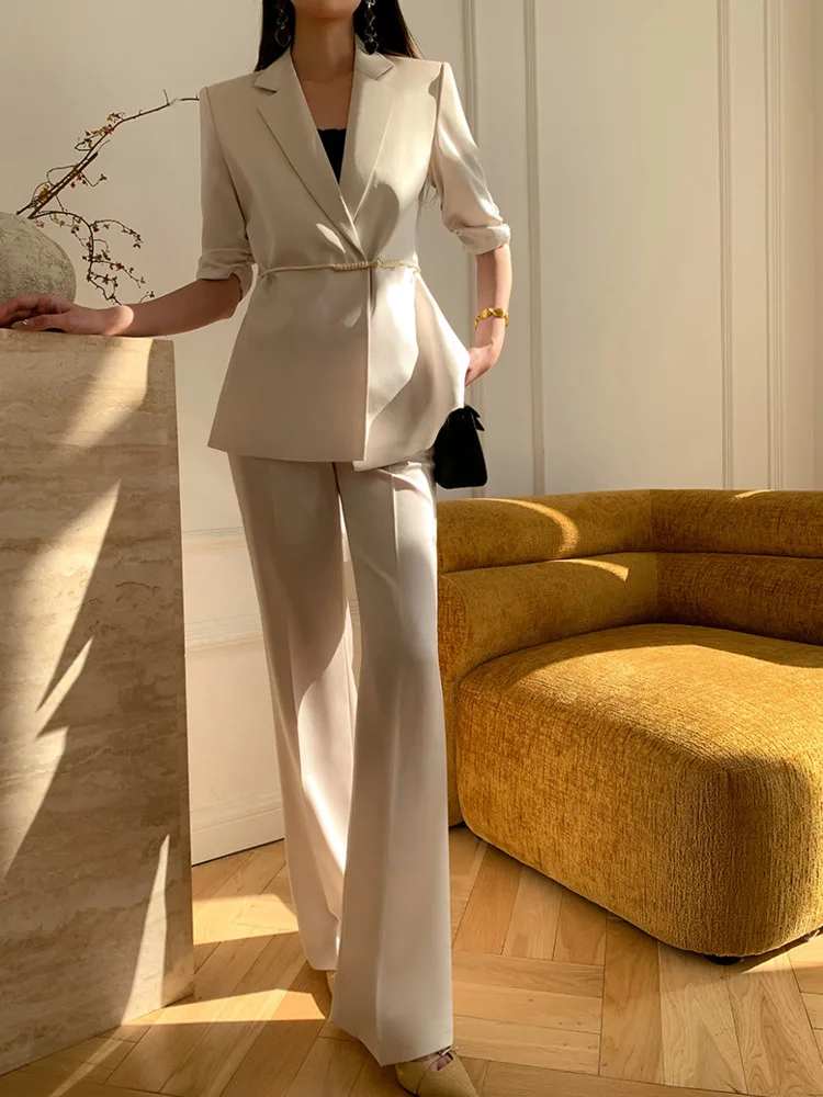 [LANMREM] Elegant 2 Piece Sets Women Lace-up Gathered Waist Blazer High Waist Straight Pants Office Lady Clothes 2024 Summer New