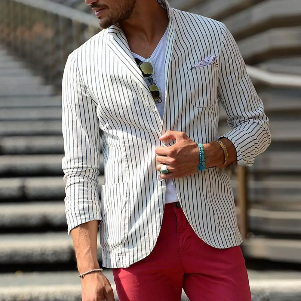 Men Lapel Long Sleeve Suit Coat Striped Print Pockets Buttons Placket Formal Business Thin Breathable Suit Jacket
