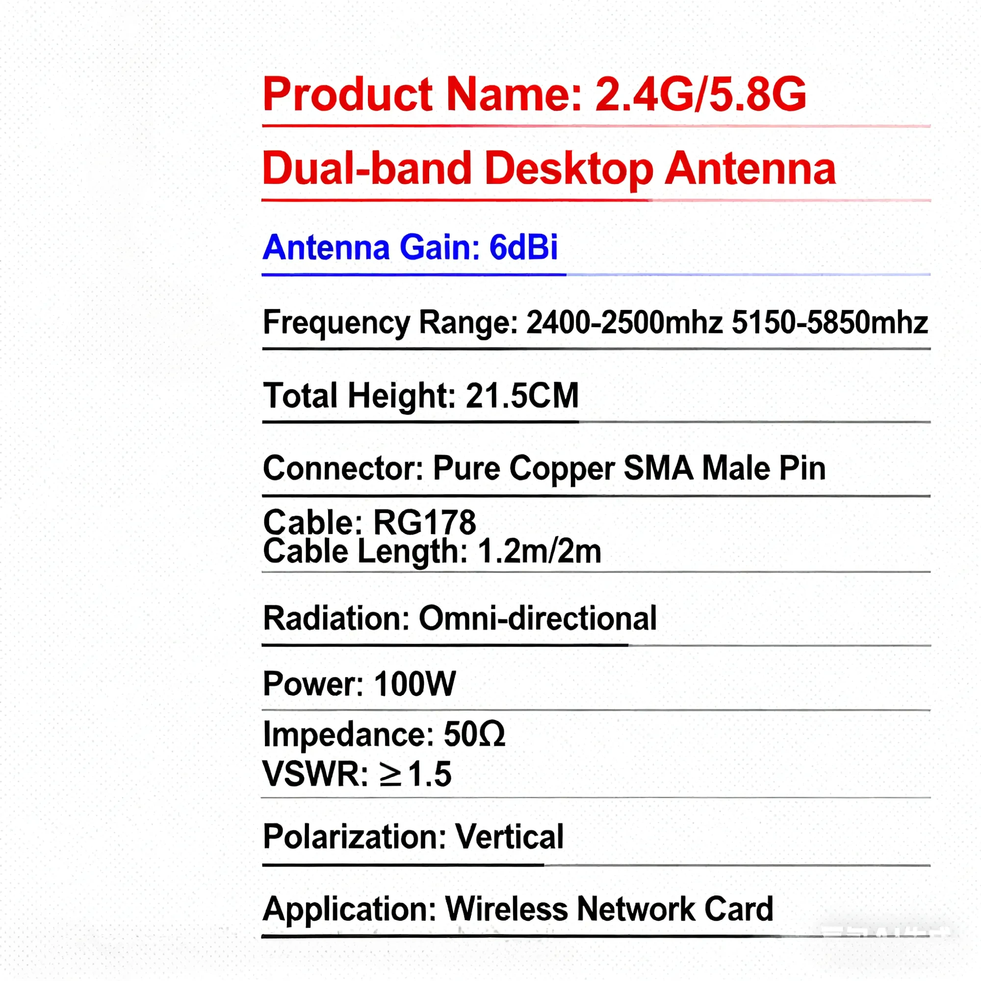 Dual Band 2.4G/5G 6DBI High Gain Omnidirectional Wireless Network Card Antenna S
