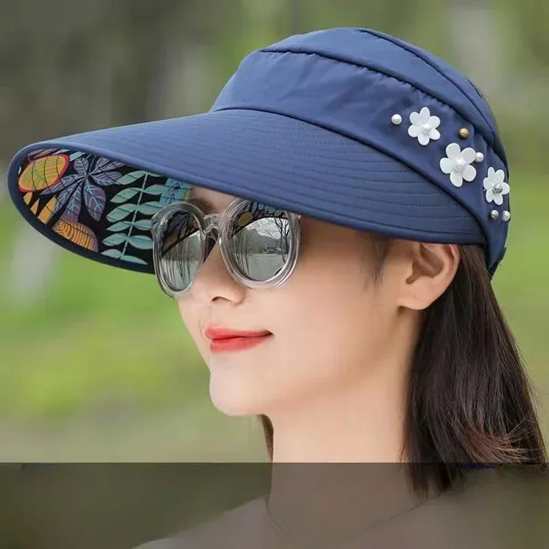 Trendy Beaded Flower Decor Visor Hat for Women and Girls - Foldable, UV Protection, Perfect for Summer Outdoor Activities