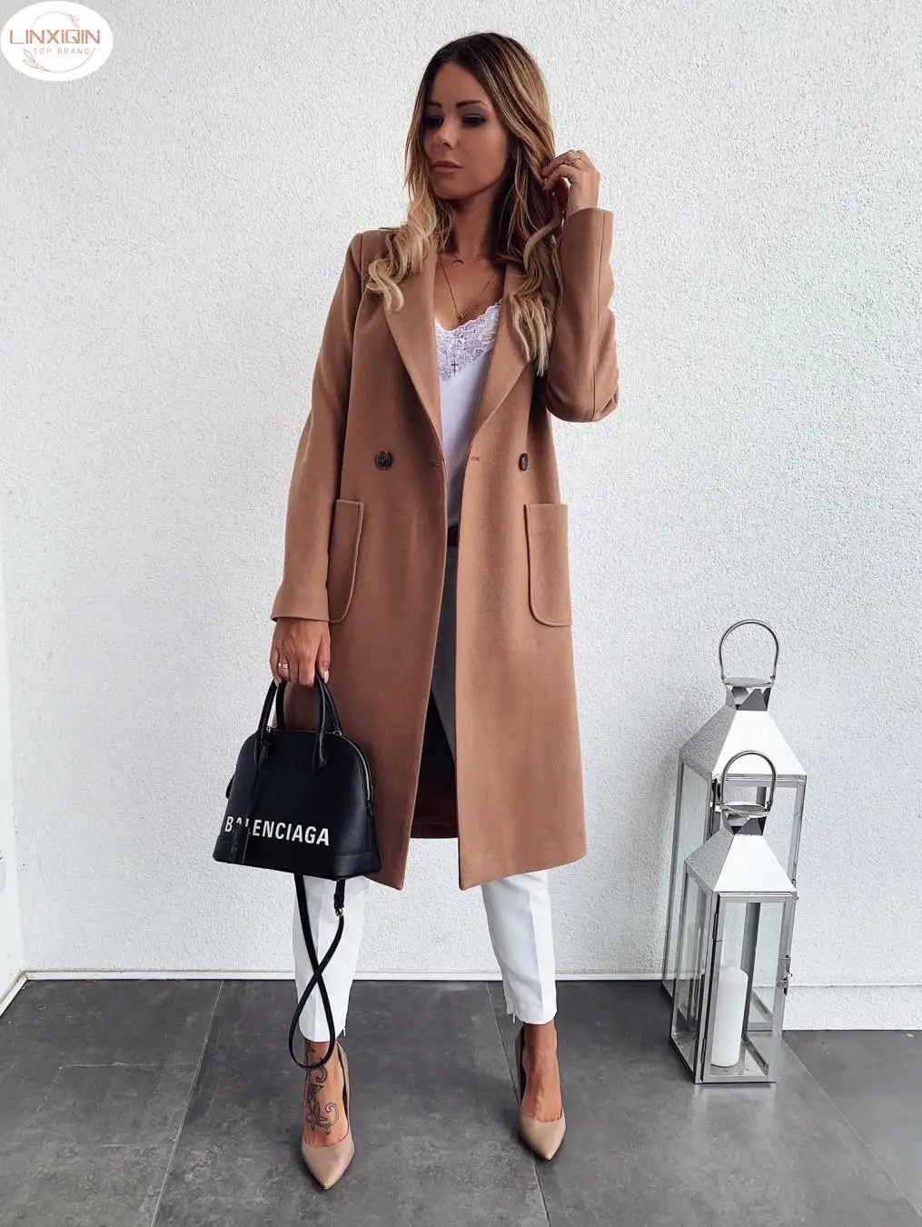 

Женское шерстяное пальто, однотонное простое длинное пальто с отложным воротником, Осень-зима 2024