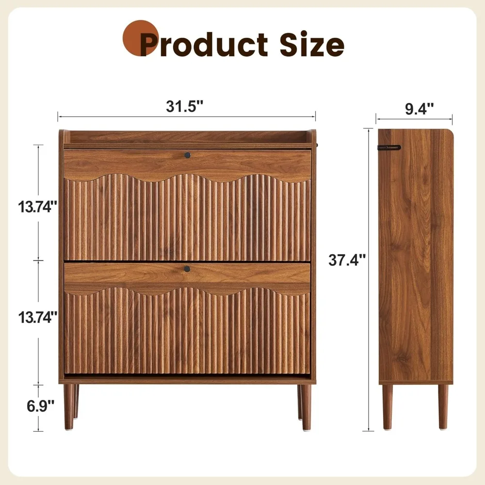 31.5" Fluted Shoe Cabinet with 2 Flip Drawers, Freestanding Narrow Storage Organizer for Entryway Hallway Living Room