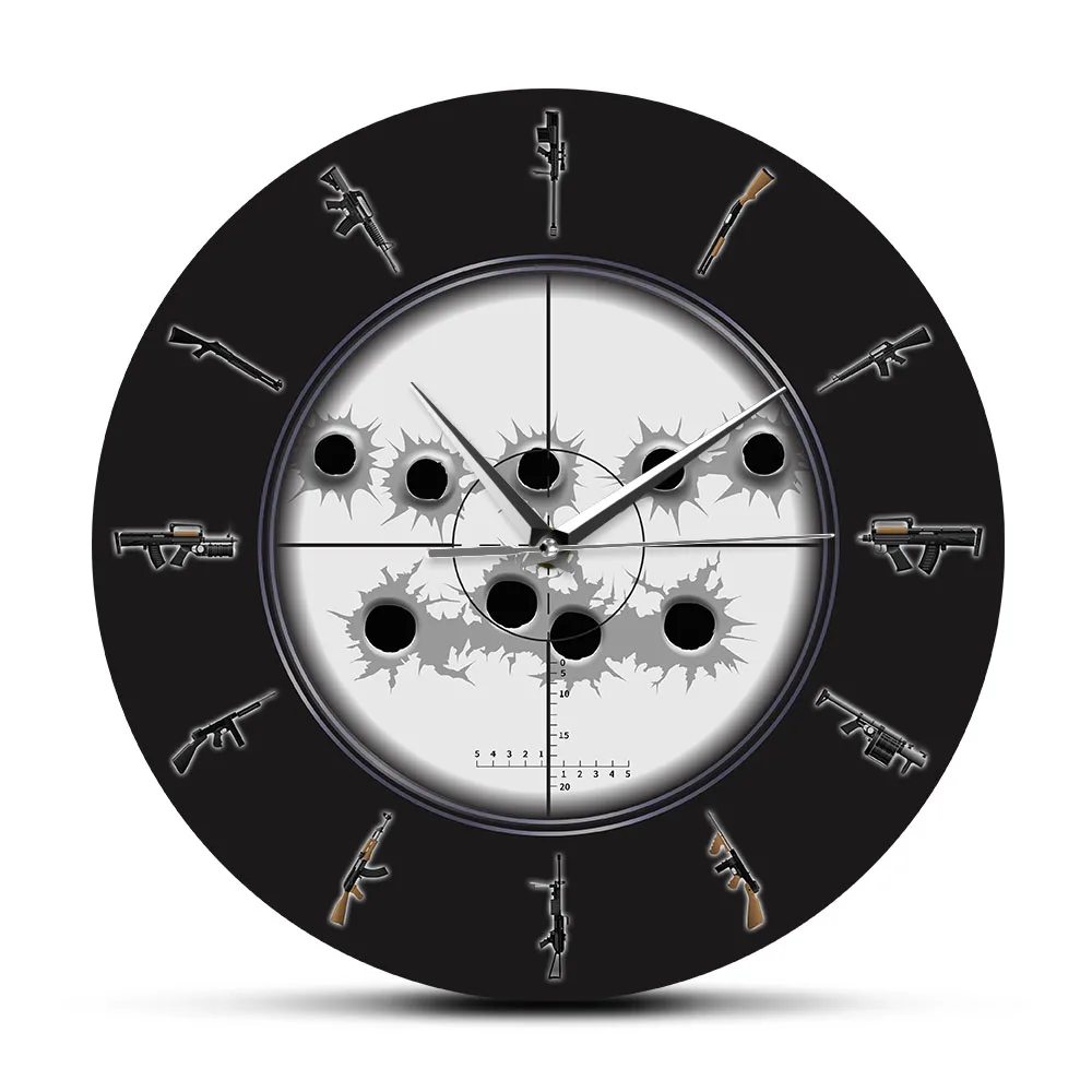 

Variety of Weapon Guns Modern Design Military Wall Clock Man Cave Army Room Decor Bullet Holes Firearms Wall Art Silent Clock