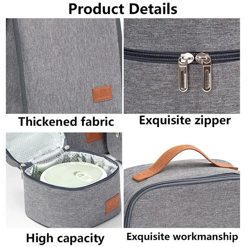 Fashion Portable Gray Tote Insulation Lunch Bag for Office Work School Korean Oxford Cloth Picnic Cooler Bags
