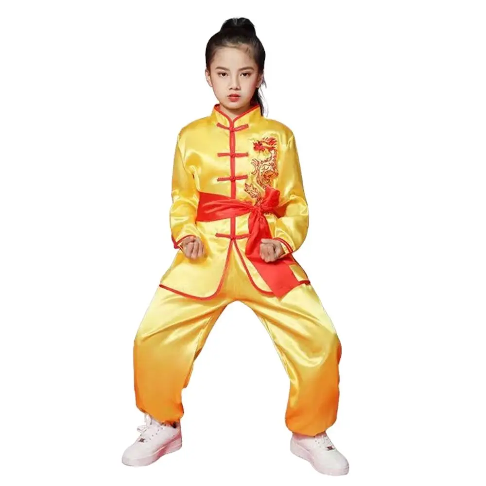 Traditionelles chinesisches Wushu-Kostüm mit langen Ärmeln und Gürtel, Kungfu-Uniform, Wushu-Performance, Kampfkunst-Uniform für Kinder, Jungen und Mädchen – Detail 3