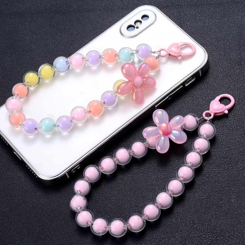Colorful Round Mobile Phone Chain Lanyard Flowers Beads Sweet Cellphone ...