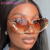 Lunettes de soleil de luxe pour femmes, design de marque, monture sans bords, motif vague diamant, style hip-hop, lunettes d'extérieur unisexes, protection UV400 1