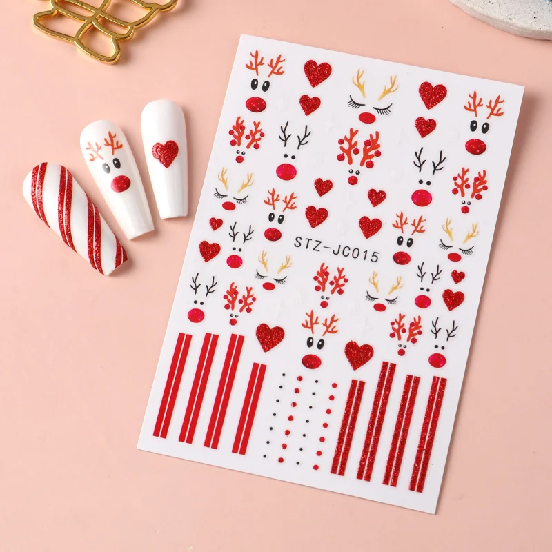 Cartoon Weihnachten Nagel Aufkleber Nette Elch Geweih Schneeflocke Herz Streifen Klebe Aufkleber Glitter Neue Jahr Sliders Nail art Dekor – Detail 9