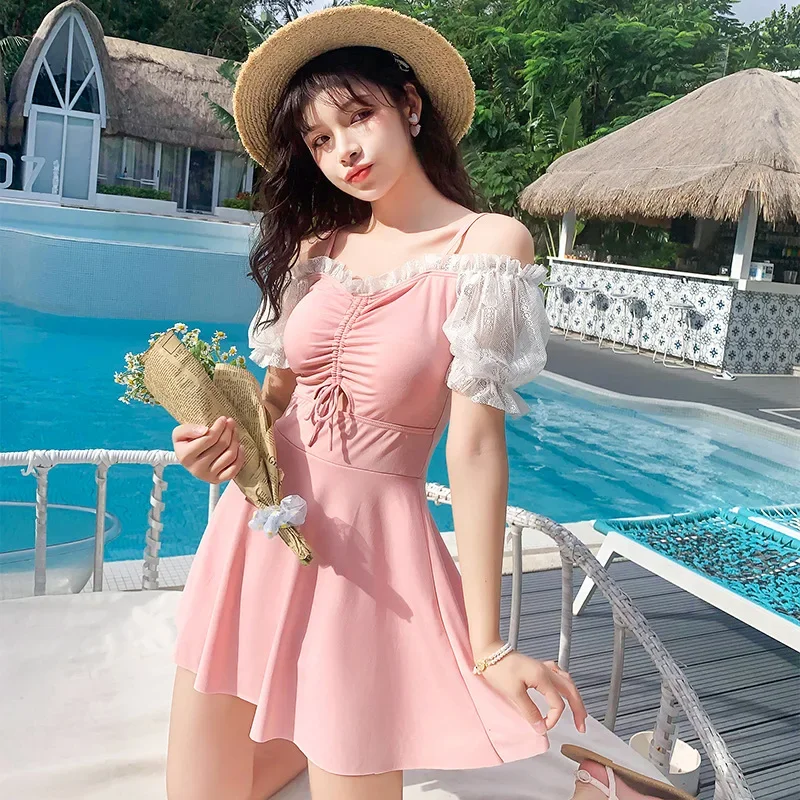 

One Piece Set Women Summer Plus Size 2023 Flounce V Neckline Korean Swimsuit Skirt Swimwear Women Boxer Shorts Swimming Suit New