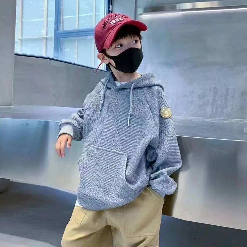 

Boys' Pullover Sweatshirts Hooded Solid Long Sleeve Top Labeling 2023 Spring Autumn Loose Causal Fashionable Korean 5-12 Yrs