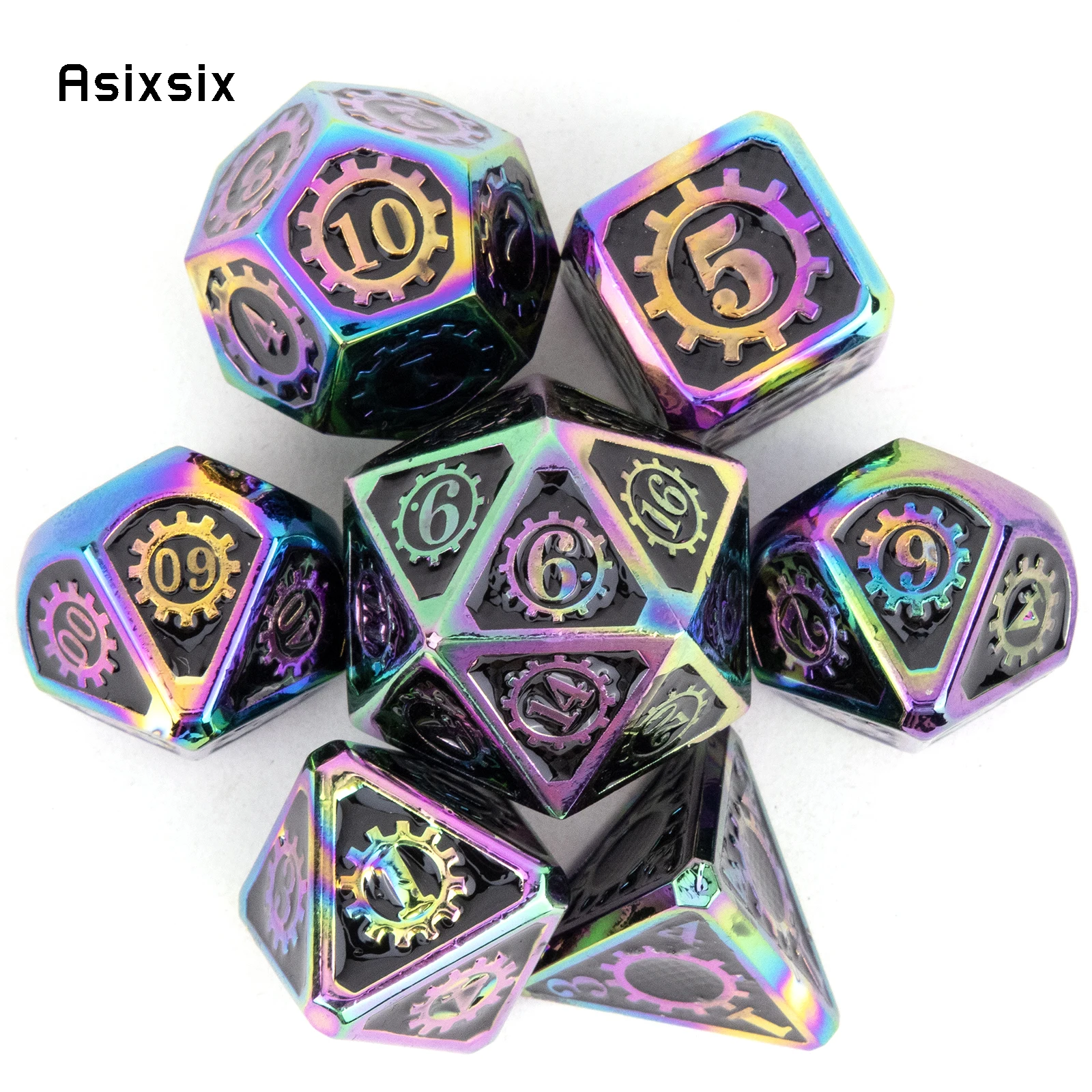 

7 Pcs Colorful Gear Wheel Metal Dice Solid Metal Polyhedral Dice Set Suitable for Role-Playing RPG Board Game Card Game
