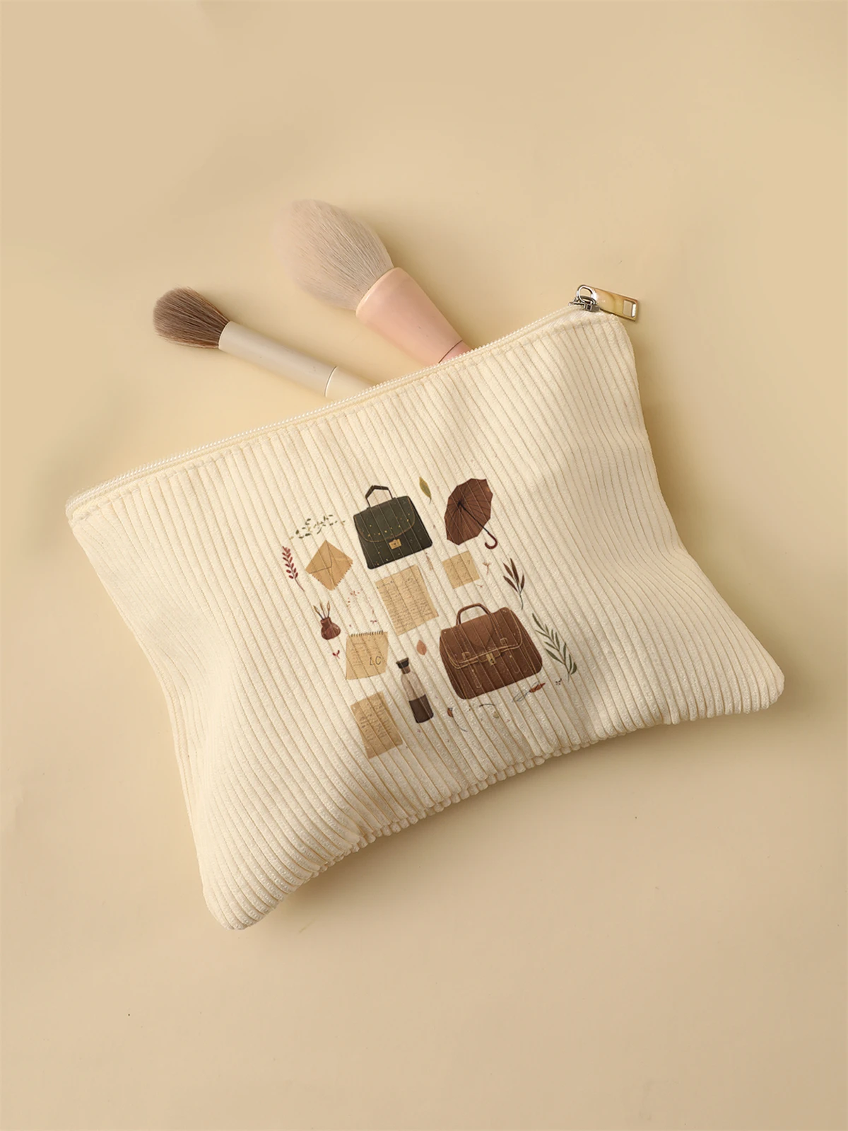Women's Corduroy Travel Cosmetic Bag Portable Large Capacity Makeup Storage Organizer Zipper Clutch Purse Make up Bag