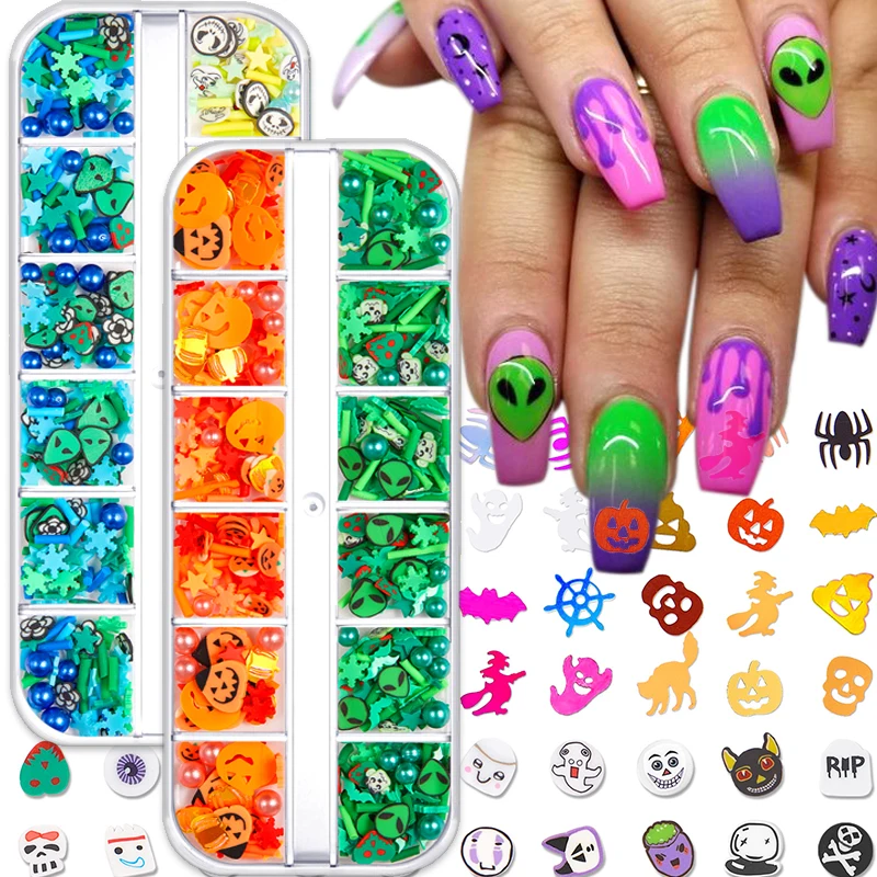 

3D Halloween Nail Charms Set Soft Clay Nail Sequins Nail Art Jewelry Skull Spider Pumpkin Bat Witch Ghost DIY Nail Decorations