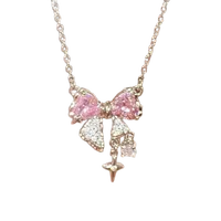 Luxury Fairy Pink Bow Shape Pendant Necklace Rings Set for Women Y2k Clavicle Chain Birthday Party Anniversary Gift Jewelry 6