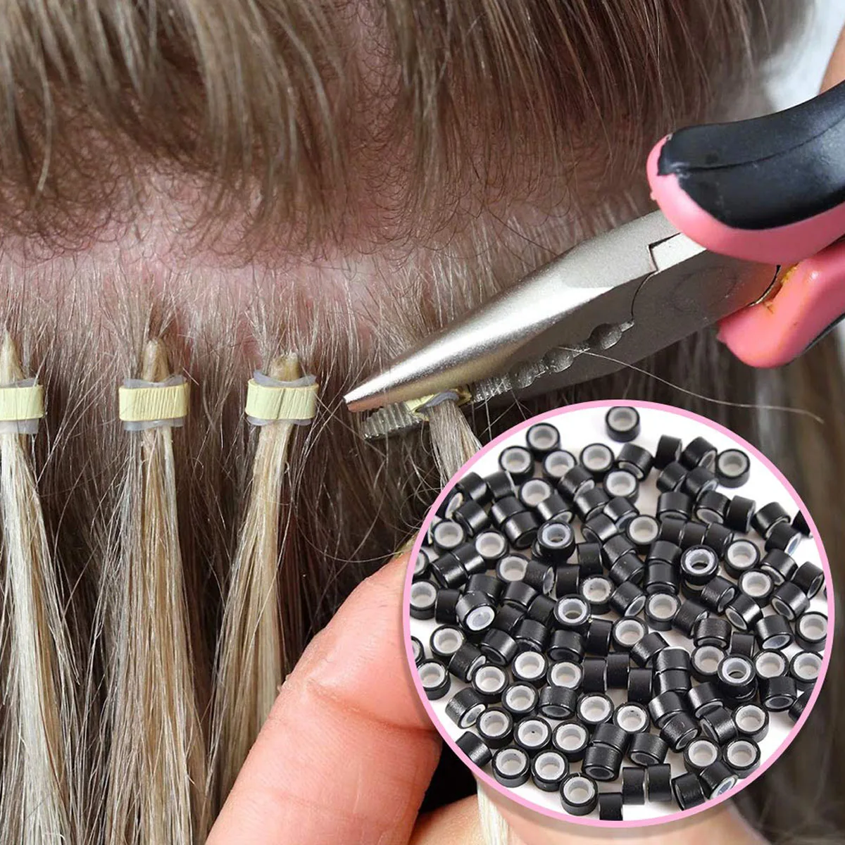Hair Extensions Beads Tools Kit Extensions Micro Pulling Needle Loop Threader 500 Pieces Silicone Lined Micro Rings hair extensions tools